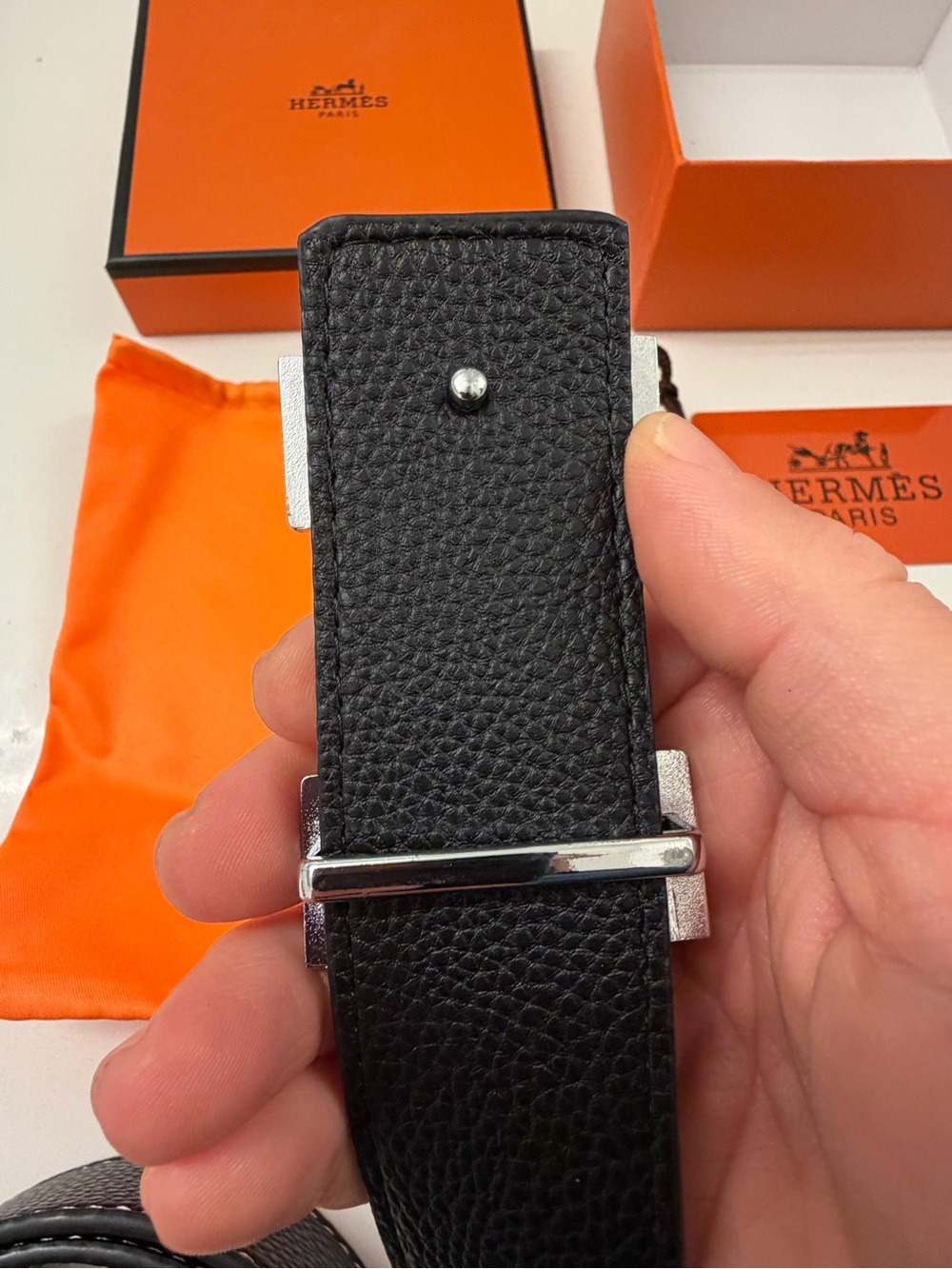 Men's Black Leather Belt with Silver H Buckle - Picture 7 of 14